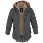Anthrazitfarbene Jacken mit Fellkapuze mit Reißverschluss für Herren Größe 6 XL für den für den Winter 