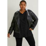 Schwarze C&A Kunstlederjacken mit Reißverschluss aus Kunstleder mit Kapuze für Damen Übergrößen 