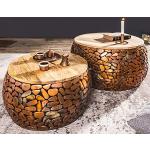 cagü: 2er Set Couchtische [RAVENNA] Kupfer aus Mangoholz mit Metallplättchen im Mosaik-Design handgefertigt 65cm/53cm Durchmesser
