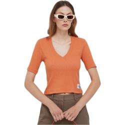Calvin Klein, Geripptes V-Ausschnitt T-Shirt Orange, Damen, Größe: M