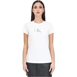 Calvin Klein Jeans, Weißes T-Shirt mit Paillettenprint White, Damen, Größe: L