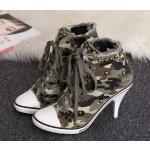 Weiße Camouflage High Heels & Stiletto-Pumps mit Nieten mit Schnürsenkel aus Canvas für Damen 