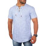 Carisma Herren Stehkragen vintage Tunika mit Schnürkragen Hemd kurzarm Shirt Baumwoll Leinen Mix 9122-9126, Grösse:S, Farbe:Weiß-Blau gestreift