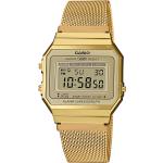 Goldene Retro Casio Quarz Damenarmbanduhren Polierte aus Edelstahl mit Digital-Zifferblatt mit Kunststoff-Uhrenglas mit Milanaise-Armband 