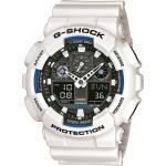 Weiße 20 Bar wasserdichte Wasserdichte Casio G-Shock GA-100 Armbanduhren Dornschließe aus Edelstahl mit Analog-Zifferblatt stoßfest mit Mineralglas-Uhrenglas mit Kunststoffarmband 