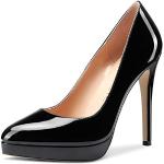 Schwarze Lack-Optik Sexy Runde Pfennigabsatz High Heels & Stiletto-Pumps in Normalweite aus Leder für Damen Größe 45 mit Absatzhöhe über 9cm 