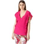 Reduzierte Pinke Kurzärmelige Roberto Cavalli Class V-Ausschnitt T-Shirts mit Rüschen mit Reißverschluss aus Seide für Damen Größe XS 