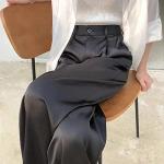 Schwarze Unifarbene Streetwear Satinhosen mit Reißverschluss aus Wolle für Damen Größe L Große Größen für den für den Frühling 