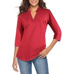 Reduzierte Rote Blumenmuster 3/4-ärmelige V-Ausschnitt Tunika-Blusen für Damen Größe L für den für den Herbst 