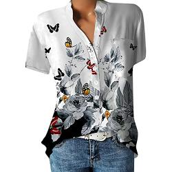 CHAOEN Bluse Damen V-Ausschnitt Kurzarm Hemdbluse Oversize Lässige Loose Sommer Tunika Shirt Oberteile Mode Blumen Drucken Arbeithemd Damenbluse mit Knöpfen