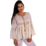 Cremefarbene Halblangärmelige Charis Moda V-Ausschnitt Tunika-Blusen aus Baumwolle für Damen Größe M für den für den Sommer 