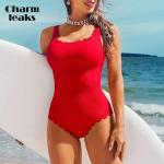 Rote Unifarbene Sexy U-Ausschnitt Push-Up Badeanzüge Handwäsche für Damen Übergrößen 1-teilig für den für den Sommer 