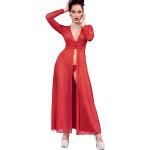 Chilirose Damen Dessous langes Kleid Gown Body in rot mit einem Schlitz vorn, Frontausschnitt und Spitze teiltransparent Lange Ärmel Größe: XL