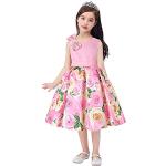 Reduzierte Rosa Blumenmuster Elegante Ärmellose Midi Kinderfestkleider mit Reißverschluss aus Satin für Mädchen 