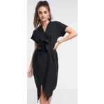 Reduzierte Schwarze Kurzärmelige Closet Midi V-Ausschnitt Kurze Abendkleider mit Reißverschluss aus Polyester für Damen Größe S 