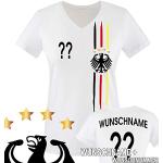 Comedy Shirts - WM 2018 | M1 | VORNE + HINTEN | Wunsch - Damen V-Neck T-Shirt - Weiss/Schwarz-Rot-Gelb Gr. L