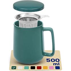 Teetasse mit Sieb und Deckel - Keramik Blaugrün - Hält Lange warm - 500ml XXL Groß - Spülmaschinenfest