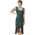 Grüne Elegante Kurzärmelige Midi Rundhals-Ausschnitt Kurze Abendkleider mit Fransen mit Reißverschluss für Damen Größe S für Partys 