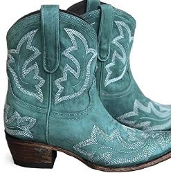 Cowboystiefel for Damen, Vintage-Stickerei, spitzer Zeh, klobige, mittelhohe Western-Cowgirl-Stiefel, Retro-Slip-On, breite, mittelhohe Stiefel, Reitritter-Stiefeletten ( Color : Blue , Size : 37 EU )