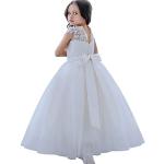 Weiße Bestickte V-Ausschnitt Kinderfestkleider aus Tüll für Mädchen 