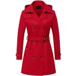 CREATMO US Damen Trenchcoat Zweireiher Klassischer Revers Mantel Gürtel Slim Oberbekleidung Mantel mit Abnehmbarer Kapuze, Rot/Ausflug, einfarbig (Getaway Solids), XS