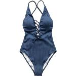 CUPSHE Damen Badeanzug mit Schnürung Plunge Einteiler Gerippte Einteilige Bademode Swimsuit Blau L