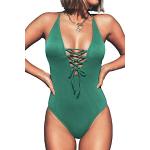 CUPSHE Damen Badeanzug mit Schnürung Plunge Einteiler Gerippte Einteilige Bademode Swimsuit Grün XL