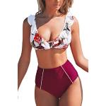 CUPSHE Damen Bikini Set Rüschen Bikinioberteil Top mit High Waist Bikinihose Strandmode Blumen Zweiteiliger Badeanzug Rot L