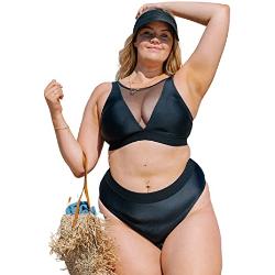 CUPSHE Damen Große Größen Bikini Set High Neck Sheer Mesh Tank High Waist Zweiteiliger Bikini Plus Size Bademode Swimsuit Schwarz XL