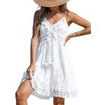 Reduzierte Weiße Boho Cupshe Mini V-Ausschnitt Spaghettiträger-Kleider mit Meer-Motiv Gesmokte aus Spitze für Damen Übergrößen für den für den Sommer 