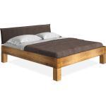 CURBY 4-Fuß-Bett mit Polster-Kopfteil, Material Massivholz, rustikale Altholzoptik, Fichte - 140 x 200 cm