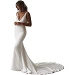 Weiße Elegante Maxi V-Ausschnitt Brautkleider Meerjungfrau & Hochzeitskleider Meerjungfrau mit Knopf für Damen für den für den Herbst 