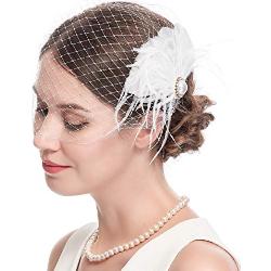Damen 20er Jahre Fascinator Mesh Schleier Haarspangen Braut Hochzeit Tee Party Fascinator Schleier für Frauen (weiß)