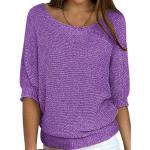 Violette Unifarbene Casual 3/4-ärmelige Rundhals-Ausschnitt Strickpullover aus Baumwolle für Damen Größe M für den für den Winter 