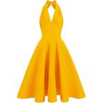 Gelbe Gepunktete Pin Up Ärmellose Audrey Hepburn Midi Neckholderkleider mit Knopf für Damen Größe M für Partys für den für den Sommer 