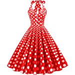 Rote Gepunktete Pin Up Kurzärmelige Audrey Hepburn Midi Neckholderkleider mit Knopf für Damen Größe S für die Braut für den für den Frühling 