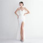 Weiße Ärmellose Maxi V-Ausschnitt Lange Abendkleider aus Satin für Damen Größe XXL für die Braut für den für den Sommer 