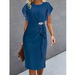 Blaue Unifarbene Elegante Kurzärmelige Midi Chiffon-Abendkleider mit Rüschen aus Chiffon Handwäsche für Damen für den für den Sommer 