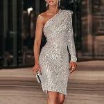 Silberne Unifarbene Elegante Langärmelige Mini Minikleider & kurze Kleider mit Pailletten Handwäsche für Damen für Partys 