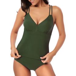 Damen Badeanzüge V-Ausschnitt Zweiteiler Tankini Set Push-Up-BH Unifarben Bademode,Farbe:Grün,Größe:L