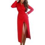 Rote Blumenmuster Business Langärmelige Maxi V-Ausschnitt Winterkleider aus Polyester für Damen Größe M für Partys 