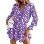 Violette Blumenmuster Business Langärmelige Mini Plisseekleider aus Polyester für Damen Größe M für Partys für den für den Sommer 
