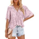 Pinke Gepunktete Boho Halblangärmelige V-Ausschnitt T-Shirts mit Schnalle aus Spitze für Damen Übergrößen für Partys für den für den Sommer 
