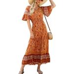 Reduzierte Braune Elegante Maxi V-Ausschnitt Sommerkleider aus Viskose für Damen Größe S für den für den Sommer 
