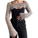 Khakifarbene Y2K Langärmelige Strickpullover mit Meer-Motiv Cropped für Damen Größe L für Festivals 