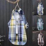 Khakifarbene Karo Langärmelige Karierte Blusen mit Knopf aus Polyester für Damen Größe 3 XL für den für den Sommer 