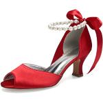 Rote Elegante Offene Kitten-Heel-Absatz Peep Toe Pumps mit Perlen mit Schnürsenkel aus Leder für Damen Größe 42 für die Braut 
