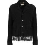 Schwarze Unifarbene Saint Laurent Paris Maxi Lange Lederjacken mit Fransen mit Knopf für Damen Größe M für den für den Herbst 