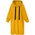 Gelbe Unifarbene Langärmelige Rundhals-Ausschnitt Sweatkleider mit Puffärmeln mit Reißverschluss aus Fleece mit Kapuze für Damen Übergrößen 