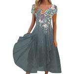 Pinke Ethno Langärmelige Maxi Kurze Abendkleider mit Gänseblümchen-Motiv aus Chiffon für Damen Größe L zum Jubiläum für den für den Sommer 